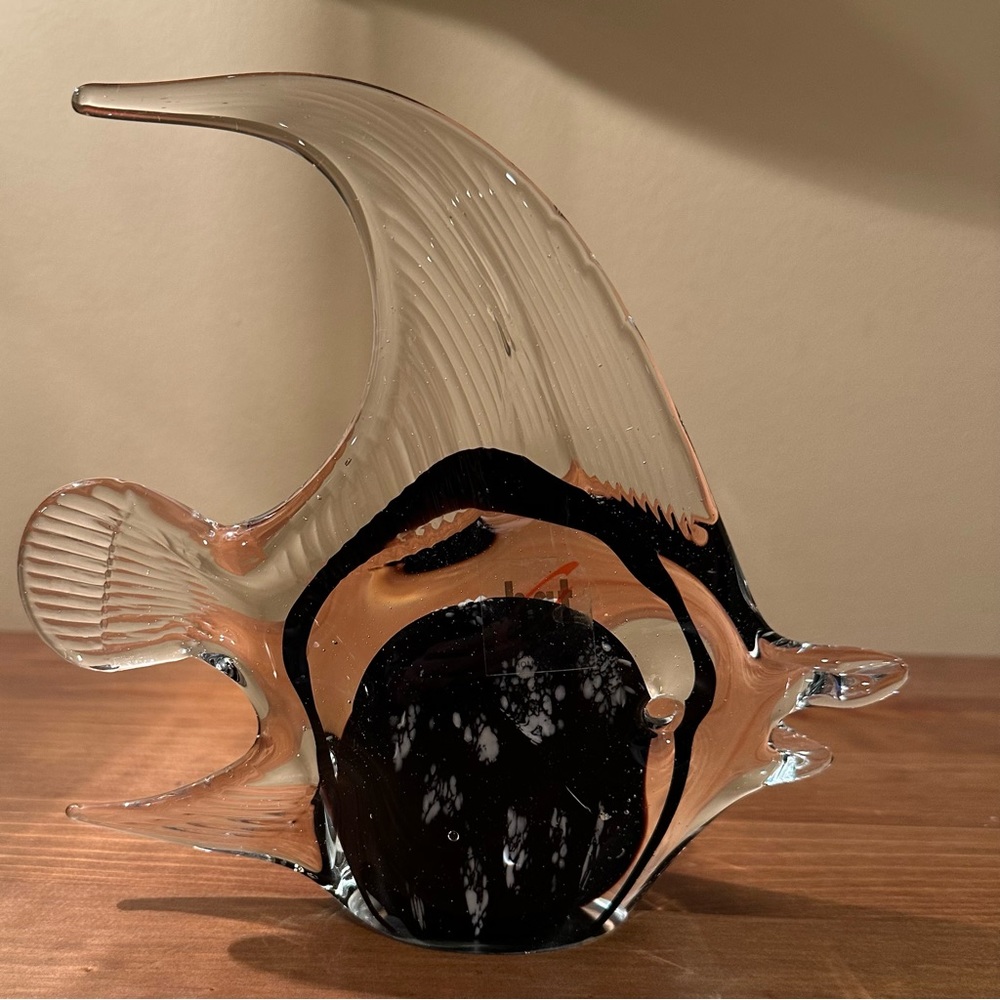 HQT Art Glass Fish Paperweight/Decor Black White Clear NWOT